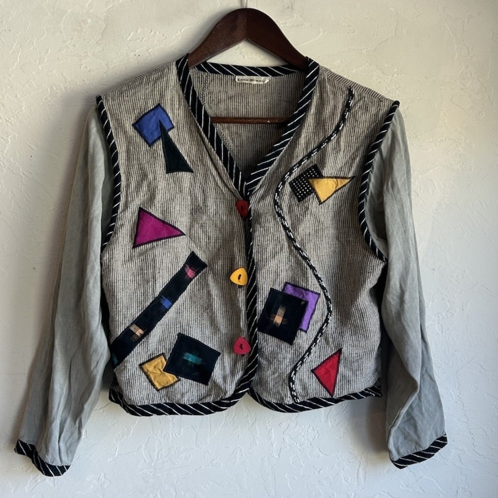 Vintage Lynn Murray 100% Linen Art Jacket S M Appliqué‎ Abstract Memphis Crop